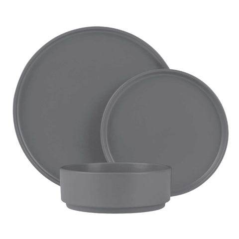 Product image of 18pcs dinnerware. Part of the Aspen Collection . Features: • Material: stoneware • Include: • 6 pcs dinner plate: 26,5*2 cm • 6 pcs dessert plate: 20*2 cm • 6 pcs cereal bowl: 15,8*5,5 cm • Color: matt grey. (Studio view). Official Berlinger Haus product, boosted by Promintra sl.
