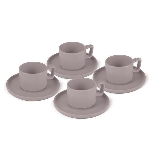 Product image of 4+4pcs espresso cup set. Part of the Taupe Collection . Features: • Material: stoneware • 4 pcs cup: 5*6,5 cm, 100 ml • 4 pcs plate: 12,8*1,5 cm • Color: matt taupe. (Studio view). Official Berlinger Haus product, boosted by Promintra sl.