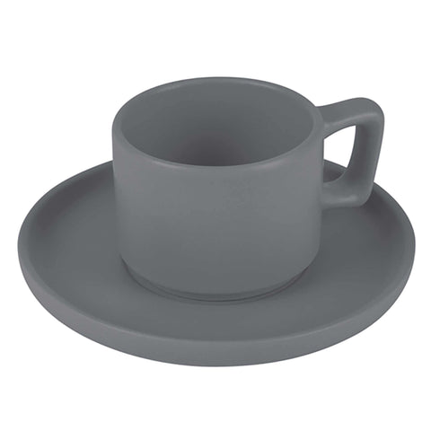 Product image of 4+4pcs espresso cup set. Part of the Aspen Collection . Features: • Material: stoneware • 4 pcs cup: 5*6,5 cm, 100 ml • 4 pcs plate: 12,8*1,5 cm • Color: matt grey. (Studio view). Official Berlinger Haus product, boosted by Promintra sl.