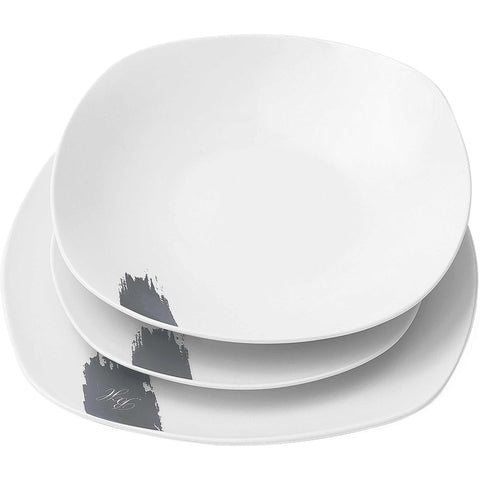 Product image of 18pcs dinnerware. Part of the Aspen Collection . Features: • Material: porcelain • Include: • 6 pcs dinner plate: 25*2,5 cm • 6 pcs soup plate: 21,8*4 cm • 6 pcs dessert plate: 19,8*2,2 cm • Color: white- grey. (Studio view). Official Berlinger Haus product, boosted by Promintra sl.