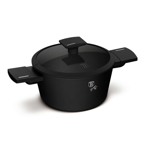 Product image of Casserole with lid 20cm. Part of the Matte Black Collection . Features: • Material: forged aluminum with non-stick titanPro coating • Casserole with lid Ø20*11 cm 2,5L • Color: black- silver. (Studio view). Official Berlinger Haus product, boosted by Promintra sl.