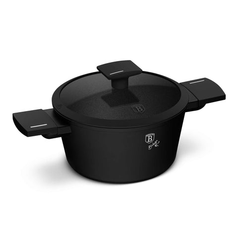 Product image of Casserole with lid 20cm. Part of the Matte Black Collection . Features: • Material: forged aluminum with non-stick titanPro coating • Casserole with lid Ø20*11 cm 2,5L • Color: black- silver. (Studio view). Official Berlinger Haus product, boosted by Promintra sl.