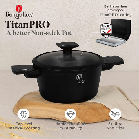 Product image of Casserole with lid 20cm. Part of the Matte Black Collection . Features: • Material: forged aluminum with non-stick titanPro coating • Casserole with lid Ø20*11 cm 2,5L • Color: black- silver. (Studio view). Official Berlinger Haus product, boosted by Promintra sl.