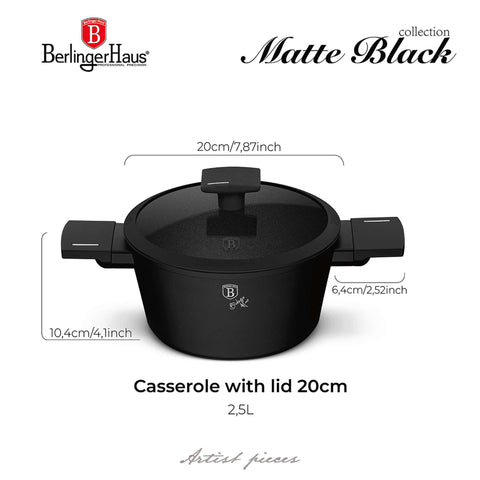 Product image of Casserole with lid 20cm. Part of the Matte Black Collection . Features: • Material: forged aluminum with non-stick titanPro coating • Casserole with lid Ø20*11 cm 2,5L • Color: black- silver. (Studio view). Official Berlinger Haus product, boosted by Promintra sl.