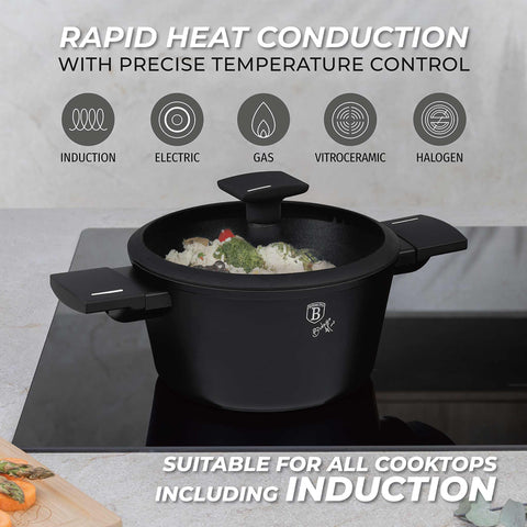 Product image of Casserole with lid 20cm. Part of the Matte Black Collection . Features: • Material: forged aluminum with non-stick titanPro coating • Casserole with lid Ø20*11 cm 2,5L • Color: black- silver. (Studio view). Official Berlinger Haus product, boosted by Promintra sl.