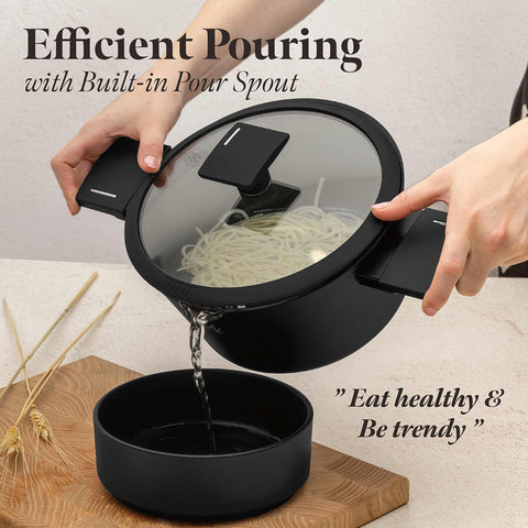 Product image of Casserole with lid 20cm. Part of the Matte Black Collection . Features: • Material: forged aluminum with non-stick titanPro coating • Casserole with lid Ø20*11 cm 2,5L • Color: black- silver. (Studio view). Official Berlinger Haus product, boosted by Promintra sl.