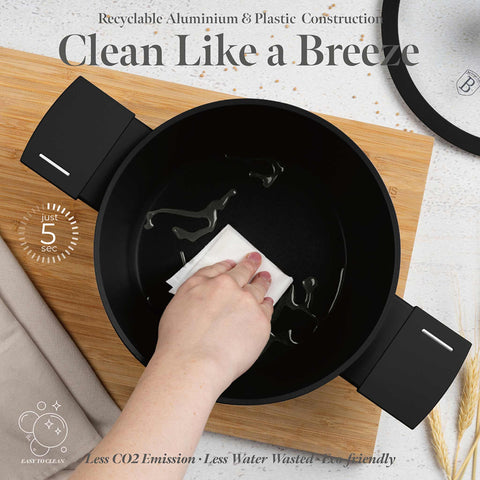 Product image of Casserole with lid 20cm. Part of the Matte Black Collection . Features: • Material: forged aluminum with non-stick titanPro coating • Casserole with lid Ø20*11 cm 2,5L • Color: black- silver. (Studio view). Official Berlinger Haus product, boosted by Promintra sl.