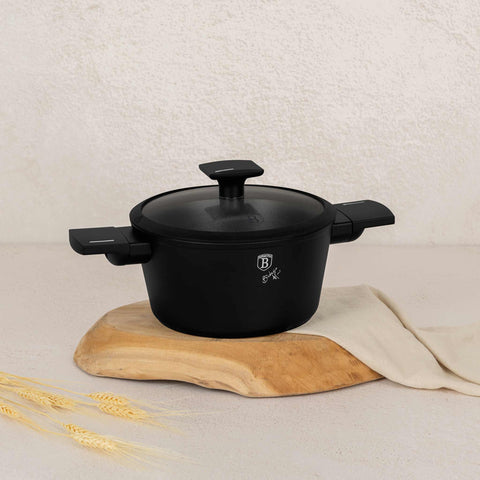 Product image of Casserole with lid 20cm. Part of the Matte Black Collection . Features: • Material: forged aluminum with non-stick titanPro coating • Casserole with lid Ø20*11 cm 2,5L • Color: black- silver. (Studio view). Official Berlinger Haus product, boosted by Promintra sl.