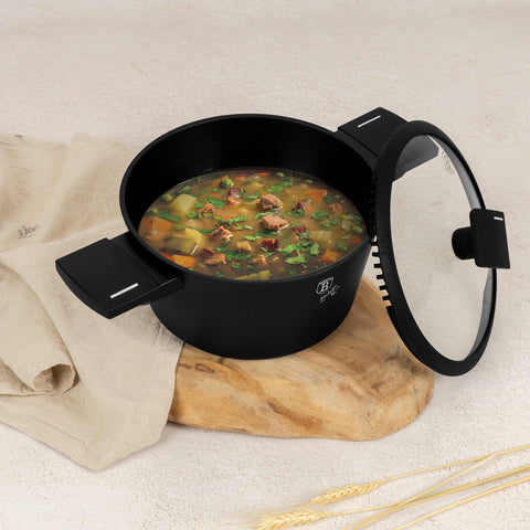 Product image of Casserole with lid 20cm. Part of the Matte Black Collection . Features: • Material: forged aluminum with non-stick titanPro coating • Casserole with lid Ø20*11 cm 2,5L • Color: black- silver. (Studio view). Official Berlinger Haus product, boosted by Promintra sl.