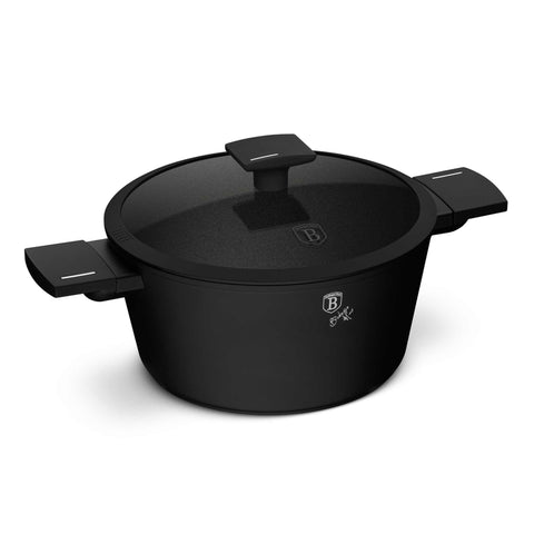 Product image of Casserole with lid 24cm. Part of the Matte Black Collection . Features: • Material: forged aluminum with non-stick titanPro coating • Casserole with lid Ø24*12,5 cm 4,1L • Color: black- silver. (Studio view). Official Berlinger Haus product, boosted by Promintra sl.