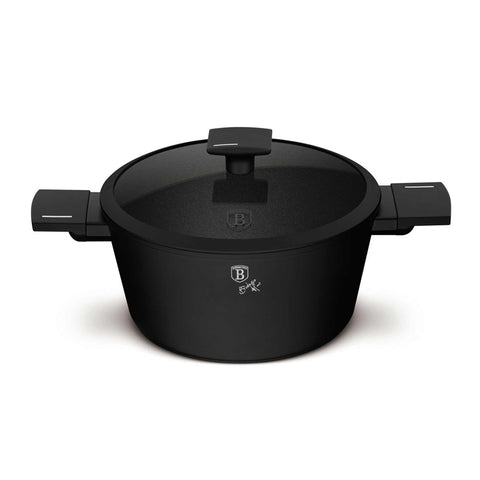 Product image of Casserole with lid 24cm. Part of the Matte Black Collection . Features: • Material: forged aluminum with non-stick titanPro coating • Casserole with lid Ø24*12,5 cm 4,1L • Color: black- silver. (Studio view). Official Berlinger Haus product, boosted by Promintra sl.