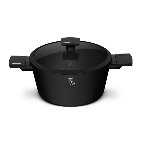 Product image of Casserole with lid 24cm. Part of the Matte Black Collection . Features: • Material: forged aluminum with non-stick titanPro coating • Casserole with lid Ø24*12,5 cm 4,1L • Color: black- silver. (Studio view). Official Berlinger Haus product, boosted by Promintra sl.