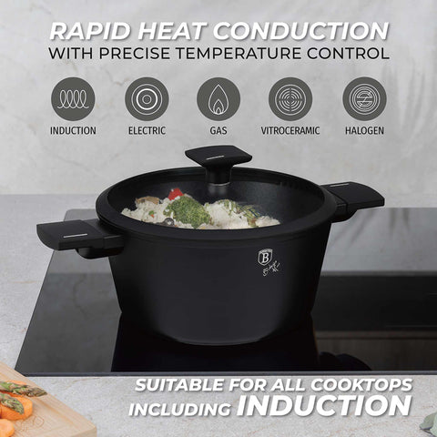 Product image of Casserole with lid 24cm. Part of the Matte Black Collection . Features: • Material: forged aluminum with non-stick titanPro coating • Casserole with lid Ø24*12,5 cm 4,1L • Color: black- silver. (Studio view). Official Berlinger Haus product, boosted by Promintra sl.