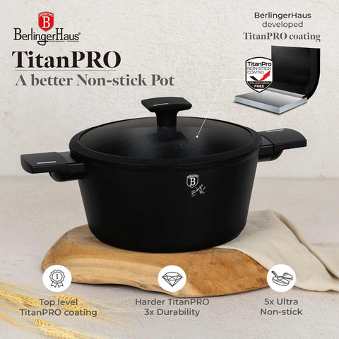 Product image of Casserole with lid 24cm. Part of the Matte Black Collection . Features: • Material: forged aluminum with non-stick titanPro coating • Casserole with lid Ø24*12,5 cm 4,1L • Color: black- silver. (Studio view). Official Berlinger Haus product, boosted by Promintra sl.