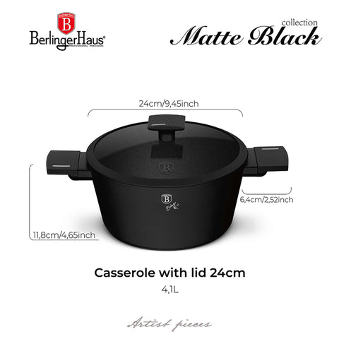 Product image of Casserole with lid 24cm. Part of the Matte Black Collection . Features: • Material: forged aluminum with non-stick titanPro coating • Casserole with lid Ø24*12,5 cm 4,1L • Color: black- silver. (Studio view). Official Berlinger Haus product, boosted by Promintra sl.