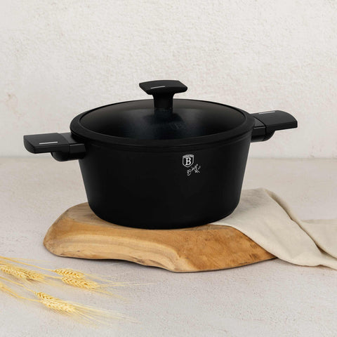 Product image of Casserole with lid 24cm. Part of the Matte Black Collection . Features: • Material: forged aluminum with non-stick titanPro coating • Casserole with lid Ø24*12,5 cm 4,1L • Color: black- silver. (Studio view). Official Berlinger Haus product, boosted by Promintra sl.
