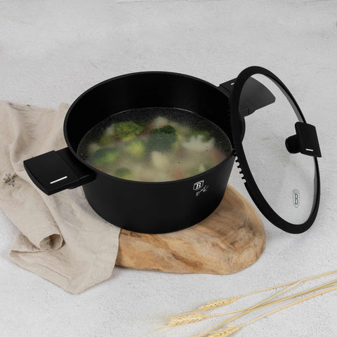 Product image of Casserole with lid 24cm. Part of the Matte Black Collection . Features: • Material: forged aluminum with non-stick titanPro coating • Casserole with lid Ø24*12,5 cm 4,1L • Color: black- silver. (Studio view). Official Berlinger Haus product, boosted by Promintra sl.