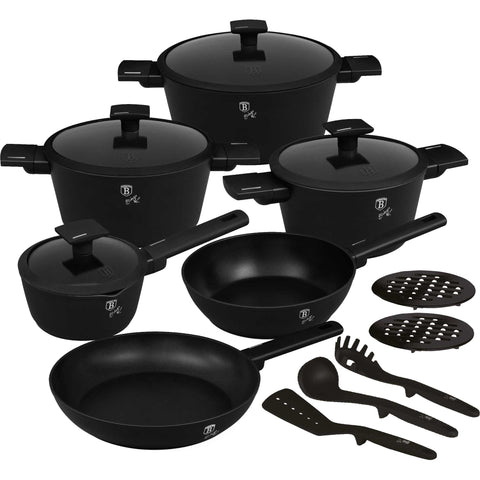 Product image of 15pcs cookware set. Part of the Matte Black Collection . Features: • Material: forged aluminum with non-stick titanPro coating • Include: • Deep frypan Ø24*6,5 cm 2,3L • Frypan Ø28*5,2cm 2,4L • Casserole with (stra.... (Studio view). Official Berlinger Haus product, boosted by Promintra sl.