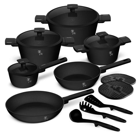 Product image of 15pcs cookware set. Part of the Matte Black Collection . Features: • Material: forged aluminum with non-stick titanPro coating • Include: • Deep frypan Ø24*6,5 cm 2,3L • Frypan Ø28*5,2cm 2,4L • Casserole with (stra.... (Studio view). Official Berlinger Haus product, boosted by Promintra sl.