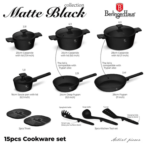 Product image of 15pcs cookware set. Part of the Matte Black Collection . Features: • Material: forged aluminum with non-stick titanPro coating • Include: • Deep frypan Ø24*6,5 cm 2,3L • Frypan Ø28*5,2cm 2,4L • Casserole with (stra.... (Studio view). Official Berlinger Haus product, boosted by Promintra sl.