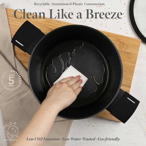 Product image of 15pcs cookware set. Part of the Matte Black Collection . Features: • Material: forged aluminum with non-stick titanPro coating • Include: • Deep frypan Ø24*6,5 cm 2,3L • Frypan Ø28*5,2cm 2,4L • Casserole with (stra.... (Studio view). Official Berlinger Haus product, boosted by Promintra sl.