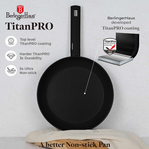 Product image of 15pcs cookware set. Part of the Matte Black Collection . Features: • Material: forged aluminum with non-stick titanPro coating • Include: • Deep frypan Ø24*6,5 cm 2,3L • Frypan Ø28*5,2cm 2,4L • Casserole with (stra.... (Studio view). Official Berlinger Haus product, boosted by Promintra sl.