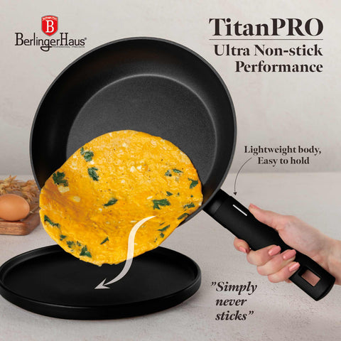 Product image of 15pcs cookware set. Part of the Matte Black Collection . Features: • Material: forged aluminum with non-stick titanPro coating • Include: • Deep frypan Ø24*6,5 cm 2,3L • Frypan Ø28*5,2cm 2,4L • Casserole with (stra.... (Studio view). Official Berlinger Haus product, boosted by Promintra sl.