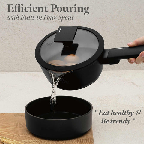 Product image of 15pcs cookware set. Part of the Matte Black Collection . Features: • Material: forged aluminum with non-stick titanPro coating • Include: • Deep frypan Ø24*6,5 cm 2,3L • Frypan Ø28*5,2cm 2,4L • Casserole with (stra.... (Studio view). Official Berlinger Haus product, boosted by Promintra sl.