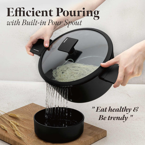 Product image of 15pcs cookware set. Part of the Matte Black Collection . Features: • Material: forged aluminum with non-stick titanPro coating • Include: • Deep frypan Ø24*6,5 cm 2,3L • Frypan Ø28*5,2cm 2,4L • Casserole with (stra.... (Studio view). Official Berlinger Haus product, boosted by Promintra sl.