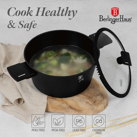 Product image of 15pcs cookware set. Part of the Matte Black Collection . Features: • Material: forged aluminum with non-stick titanPro coating • Include: • Deep frypan Ø24*6,5 cm 2,3L • Frypan Ø28*5,2cm 2,4L • Casserole with (stra.... (Studio view). Official Berlinger Haus product, boosted by Promintra sl.