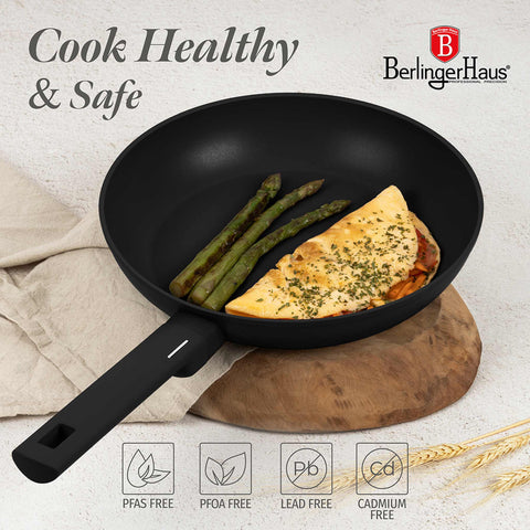 Product image of 15pcs cookware set. Part of the Matte Black Collection . Features: • Material: forged aluminum with non-stick titanPro coating • Include: • Deep frypan Ø24*6,5 cm 2,3L • Frypan Ø28*5,2cm 2,4L • Casserole with (stra.... (Studio view). Official Berlinger Haus product, boosted by Promintra sl.