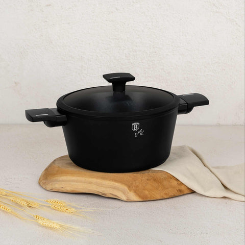 Product image of 15pcs cookware set. Part of the Matte Black Collection . Features: • Material: forged aluminum with non-stick titanPro coating • Include: • Deep frypan Ø24*6,5 cm 2,3L • Frypan Ø28*5,2cm 2,4L • Casserole with (stra.... (Studio view). Official Berlinger Haus product, boosted by Promintra sl.