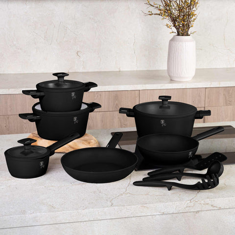 Product image of 15pcs cookware set. Part of the Matte Black Collection . Features: • Material: forged aluminum with non-stick titanPro coating • Include: • Deep frypan Ø24*6,5 cm 2,3L • Frypan Ø28*5,2cm 2,4L • Casserole with (stra.... (Studio view). Official Berlinger Haus product, boosted by Promintra sl.