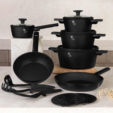 Product image of 15pcs cookware set. Part of the Matte Black Collection . Features: • Material: forged aluminum with non-stick titanPro coating • Include: • Deep frypan Ø24*6,5 cm 2,3L • Frypan Ø28*5,2cm 2,4L • Casserole with (stra.... (Studio view). Official Berlinger Haus product, boosted by Promintra sl.