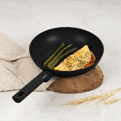 Product image of 15pcs cookware set. Part of the Matte Black Collection . Features: • Material: forged aluminum with non-stick titanPro coating • Include: • Deep frypan Ø24*6,5 cm 2,3L • Frypan Ø28*5,2cm 2,4L • Casserole with (stra.... (Studio view). Official Berlinger Haus product, boosted by Promintra sl.