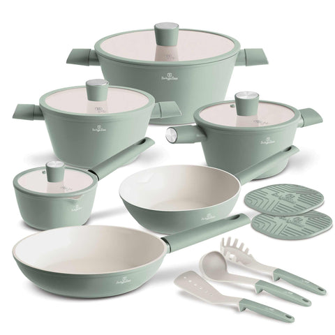 Product image of 15pcs cookware set. Part of the Pistachio Collection . Features: • Material: forged aluminum with ceramic coating • Include: • Deep frypan Ø24*6,5 cm 2,3L • Frypan Ø28*5,2cm 2,4L • Casserole with (strainer) lid Ø.... (Studio view). Official Berlinger Haus product, boosted by Promintra sl.