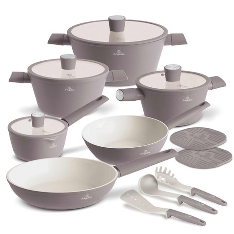 Product image of 15pcs cookware set. Part of the Taupe Pro Collection . Features: • Material: forged aluminum with ceramic coating • Include: • Deep frypan Ø24*6,5 cm 2,3L • Frypan Ø28*5,2cm 2,4L • Casserole with (strainer) lid Ø.... (Studio view). Official Berlinger Haus product, boosted by Promintra sl.