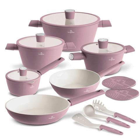 Product image of 15pcs cookware set. Part of the Blush Collection . Features: • Material: forged aluminum with ceramic coating • Include: • Deep frypan Ø24*6,5 cm 2,3L • Frypan Ø28*5,2cm 2,4L • Casserole with (strainer) lid Ø.... (Studio view). Official Berlinger Haus product, boosted by Promintra sl.