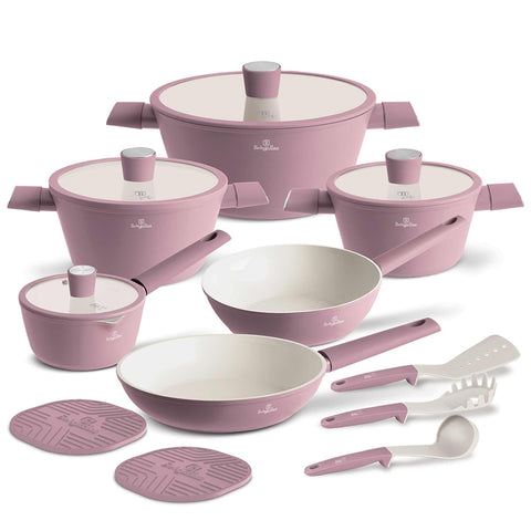 Product image of 15pcs cookware set. Part of the Blush Collection . Features: • Material: forged aluminum with ceramic coating • Include: • Deep frypan Ø24*6,5 cm 2,3L • Frypan Ø28*5,2cm 2,4L • Casserole with (strainer) lid Ø.... (Studio view). Official Berlinger Haus product, boosted by Promintra sl.