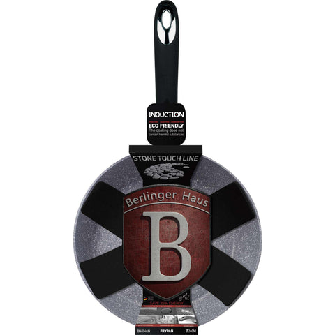 Product image of Frypan 24cm. Part of the Stone Touch Line . Features: • Material: forged aluminum • Handle: stainless stell with heat resistant silicone • Frypan Ø24*4,8 cm 1,7L • Color: grey REGISTERED DESIGN BY BERL.... (Studio view). Official Berlinger Haus product, boosted by Promintra sl.