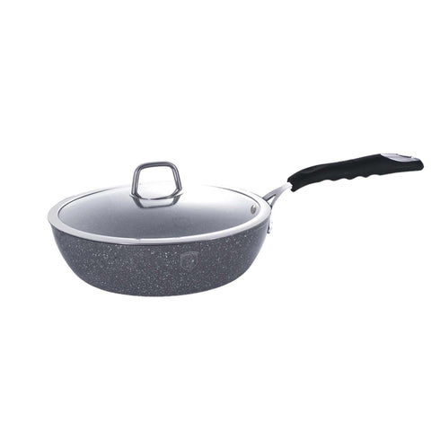 Product image of Deep frypan with lid 24cm. Part of the Stone Touch Line . Features: • Material: forged aluminum • Handle: stainless stell with heat resistant silicone • Deep frypan with lid Ø24*6,5 cm 2,3L • Color: grey REGISTERED .... (Studio view). Official Berlinger Haus product, boosted by Promintra sl.