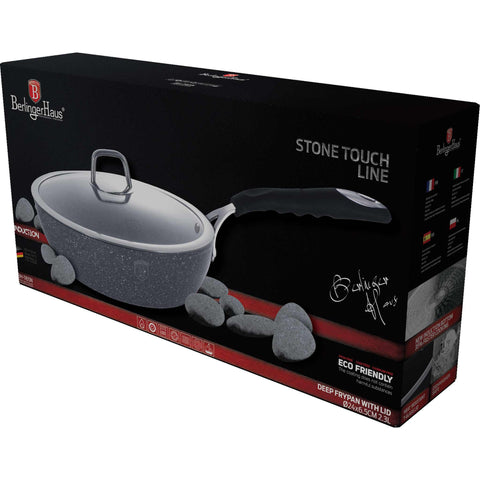 Product image of Deep frypan with lid 24cm. Part of the Stone Touch Line . Features: • Material: forged aluminum • Handle: stainless stell with heat resistant silicone • Deep frypan with lid Ø24*6,5 cm 2,3L • Color: grey REGISTERED .... (Studio view). Official Berlinger Haus product, boosted by Promintra sl.