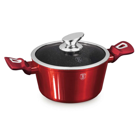 Product image of Casserole with lid 20cm. Part of the Metallic Line Burgundy Edition . Features: • Material: forged aluminum • Casserole with lid Ø20*10,4 cm 2,5L • Color: metallic burgundy REGISTERED DESIGN BY BERLINGER HAUS!. (Studio view). Official Berlinger Haus product, boosted by Promintra sl.