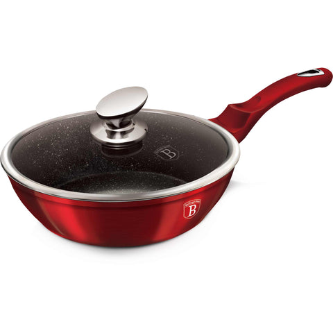 Product image of Deep frypan with lid 24cm. Part of the Metallic Line Burgundy Edition . Features: • Material: forged aluminum • Deep frypan with lid Ø24*6,5 cm 2,3L • Color: metallic burgundy REGISTERED DESIGN BY BERLINGER HAUS!. (Studio view). Official Berlinger Haus product, boosted by Promintra sl.