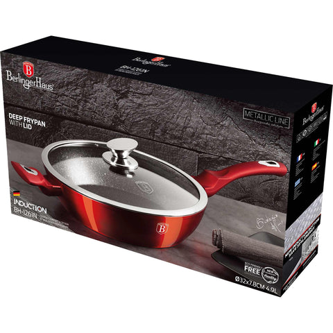 Product image of Deep frypan with lid 32cm. Part of the Metallic Line Burgundy Edition . Features: • Material: forged aluminum • Deep frypan with lid Ø32*7,8 cm 4,9L • Color: metallic burgundy REGISTERED DESIGN BY BERLINGER HAUS!. (Giftbox view). Official Berlinger Haus product, boosted by Promintra sl.