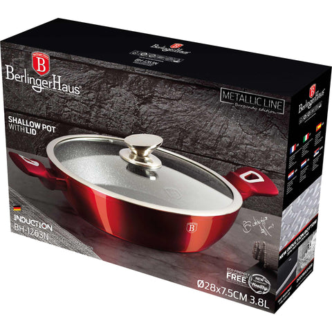 Product image of Shallow pot with lid 28cm. Part of the Metallic Line Burgundy Edition . Features: • Material: forged aluminum • Shallow pot with lid Ø28*7,5 cm 3,8L • Color: metallic burgundy REGISTERED DESIGN BY BERLINGER HAUS!. (Giftbox view). Official Berlinger Haus product, boosted by Promintra sl.