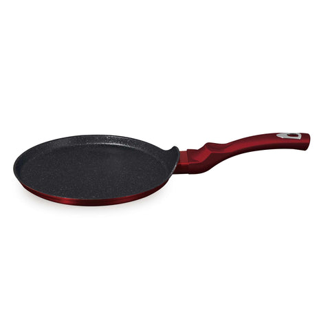 Product image of Pancake pan 25cm. Part of the Metallic Line Burgundy Edition . Features: • Material: forged aluminum • Pancake pan Ø25 cm • Color: metallic burgundy REGISTERED DESIGN BY BERLINGER HAUS!. (Studio view). Official Berlinger Haus product, boosted by Promintra sl.