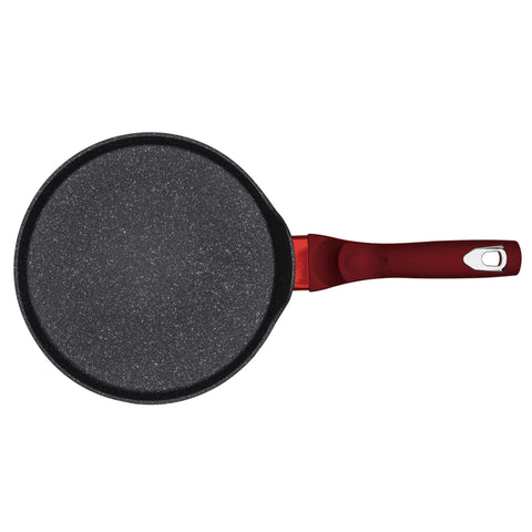 Product image of Pancake pan 25cm. Part of the Metallic Line Burgundy Edition . Features: • Material: forged aluminum • Pancake pan Ø25 cm • Color: metallic burgundy REGISTERED DESIGN BY BERLINGER HAUS!. (Studio view). Official Berlinger Haus product, boosted by Promintra sl.