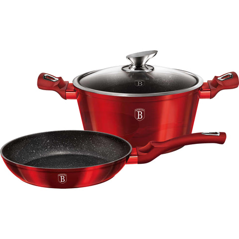 Product image of 3pcs cookware set. Part of the Metallic Line Burgundy Edition . Features: • Material: forged aluminum • Include: • Frypan Ø24*4,8 cm 1,7L • Casserole with lid Ø24*11,8 cm 4,1L • Color: metallic burgundy REGISTERED DESIGN .... (Studio view). Official Berlinger Haus product, boosted by Promintra sl.