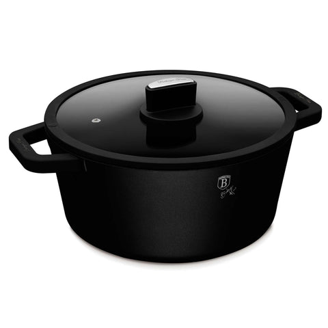 Product image of Casserole with lid 28cm. Part of the Matte Black Collection . Features: • Material: cast aluminum with non-stick titanPro coating • Casserole with lid Ø28*13 cm 6,3L • Color: black- silver • 2 PCS REMOVABLE HEAT RESISTA.... (Studio view). Official Berlinger Haus product, boosted by Promintra sl.
